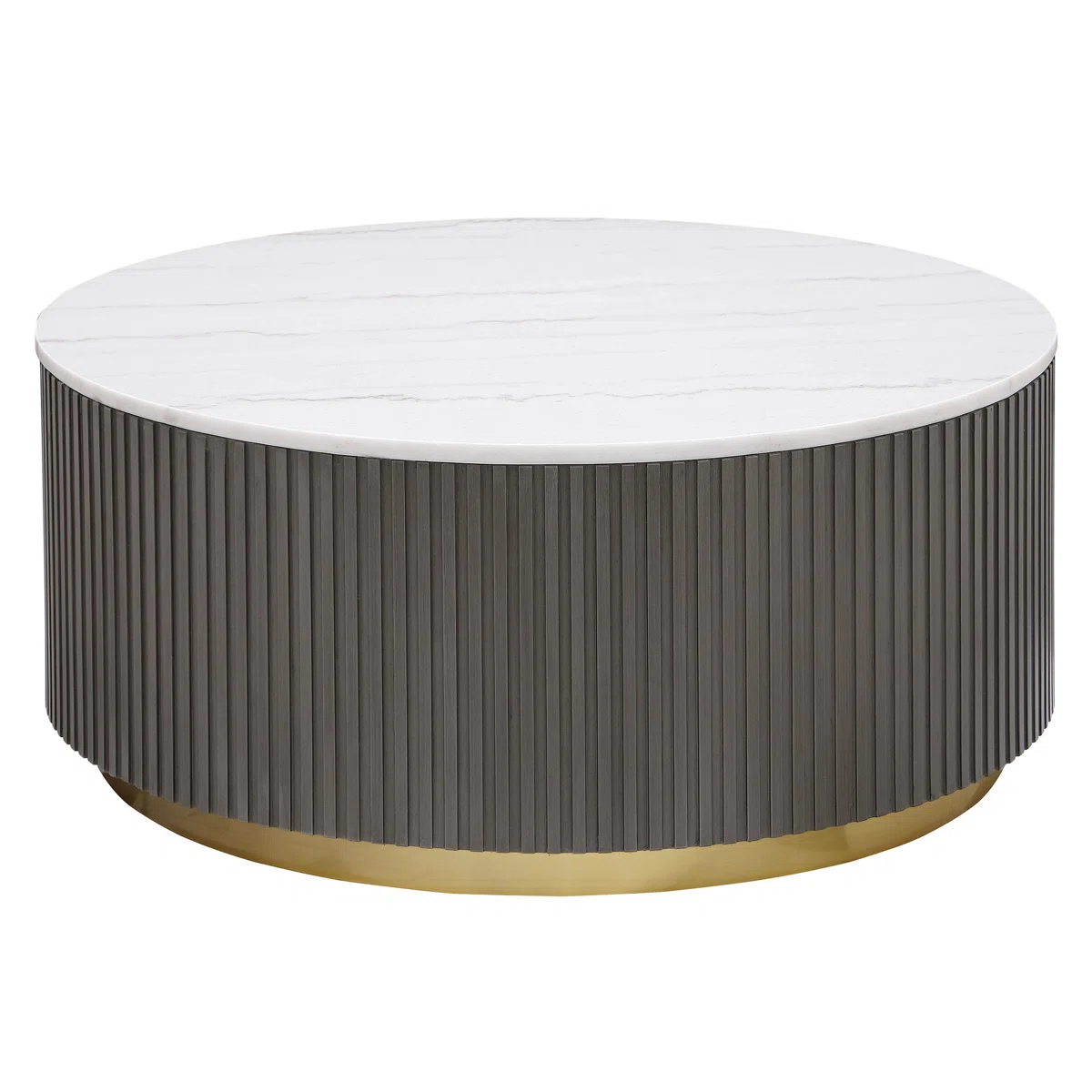 Aurelia Round Marble Coffee Table with genuine white marble top, ribbed charcoal base, and brushed gold steel foundation, 39 cm tall