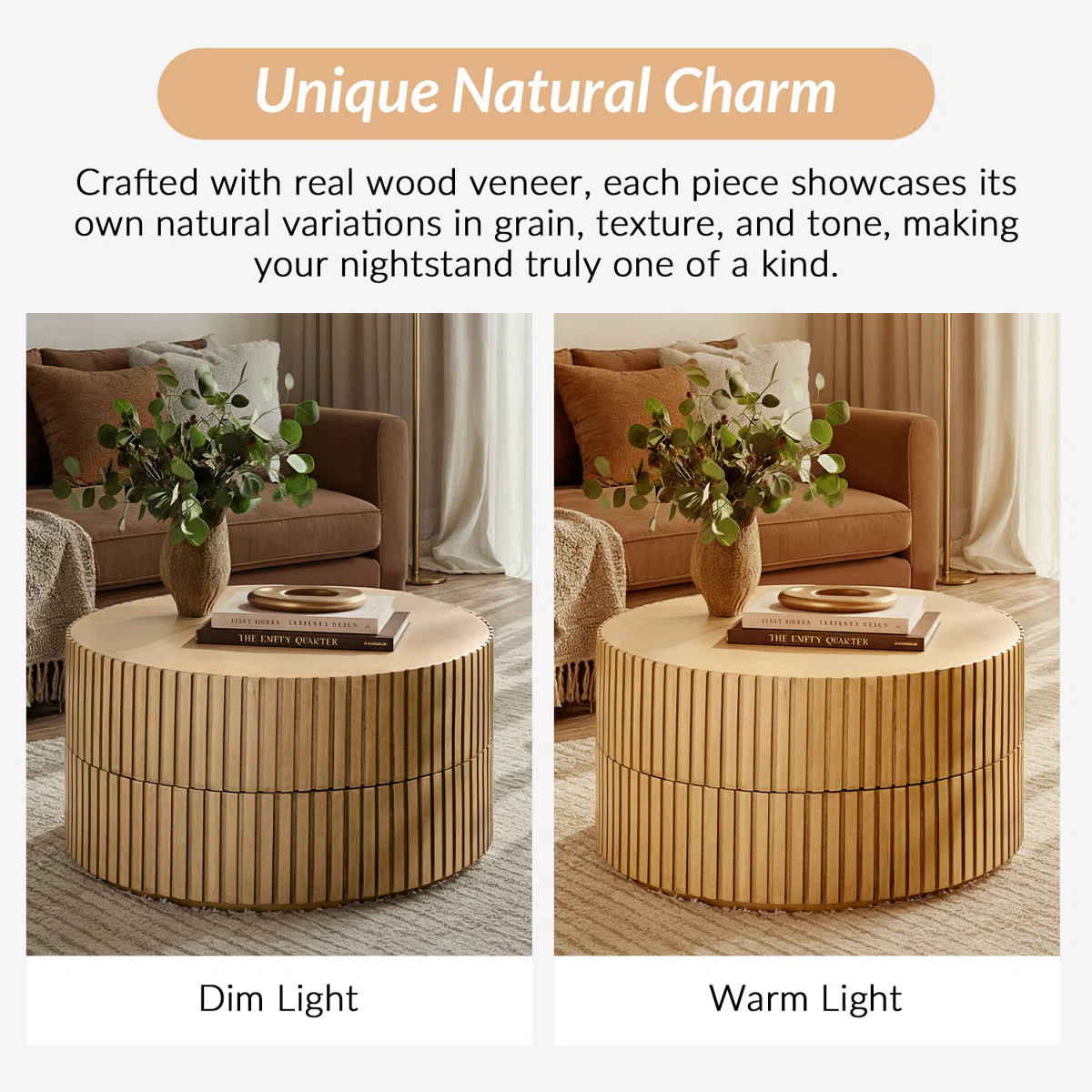 Round swivel‑top coffee table with dual rotating surfaces, fluted base, and natural birch veneer finish, styled as a modern centerpiece in a living room.