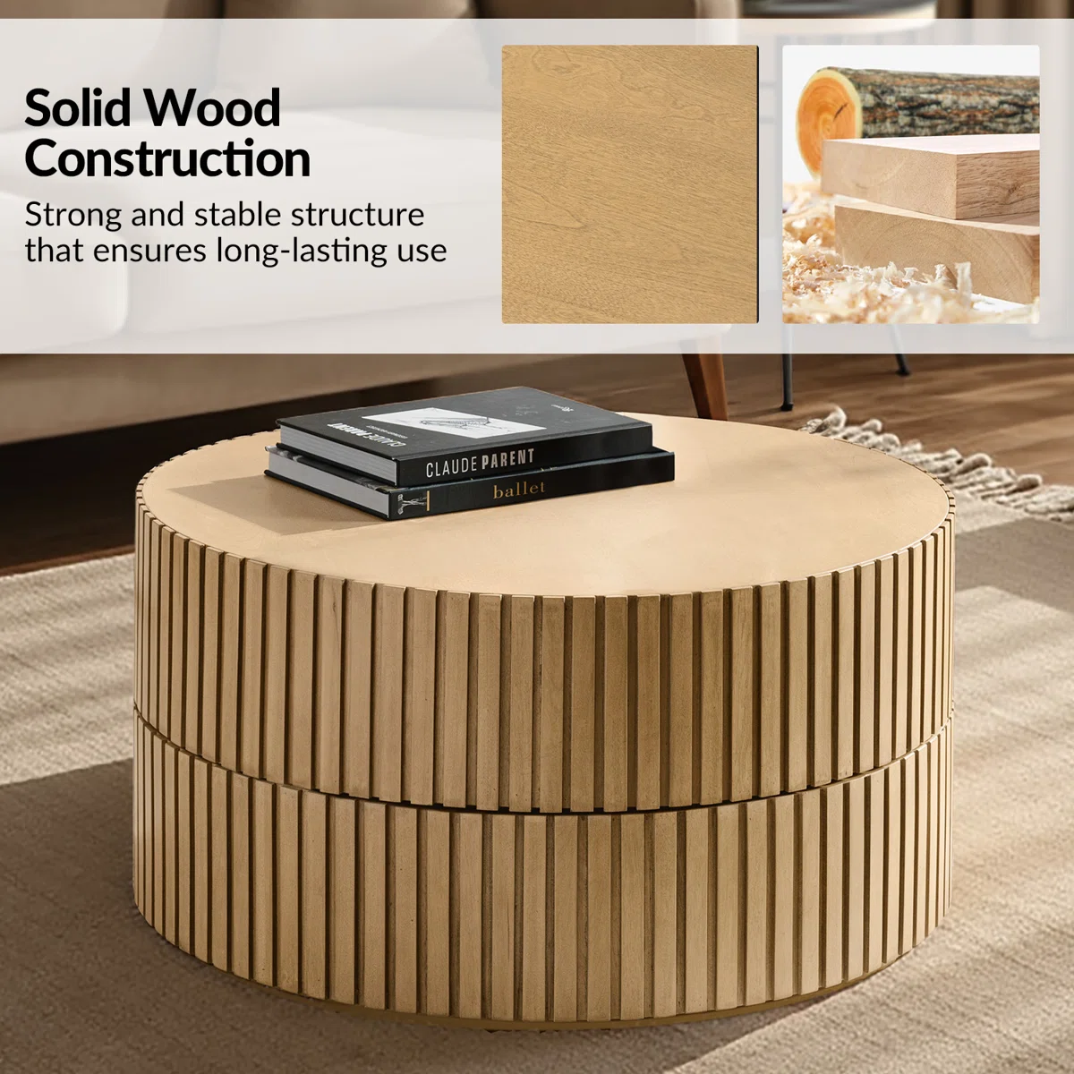 Round swivel‑top coffee table with dual rotating surfaces, fluted base, and natural birch veneer finish, styled as a modern centerpiece in a living room.