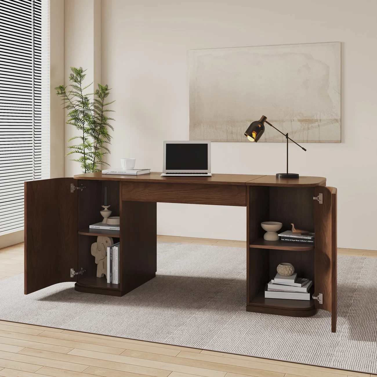 Walnut standing desk with lift-top design, fluted ash wood panels, two cabinet doors, and hidden storage shelves