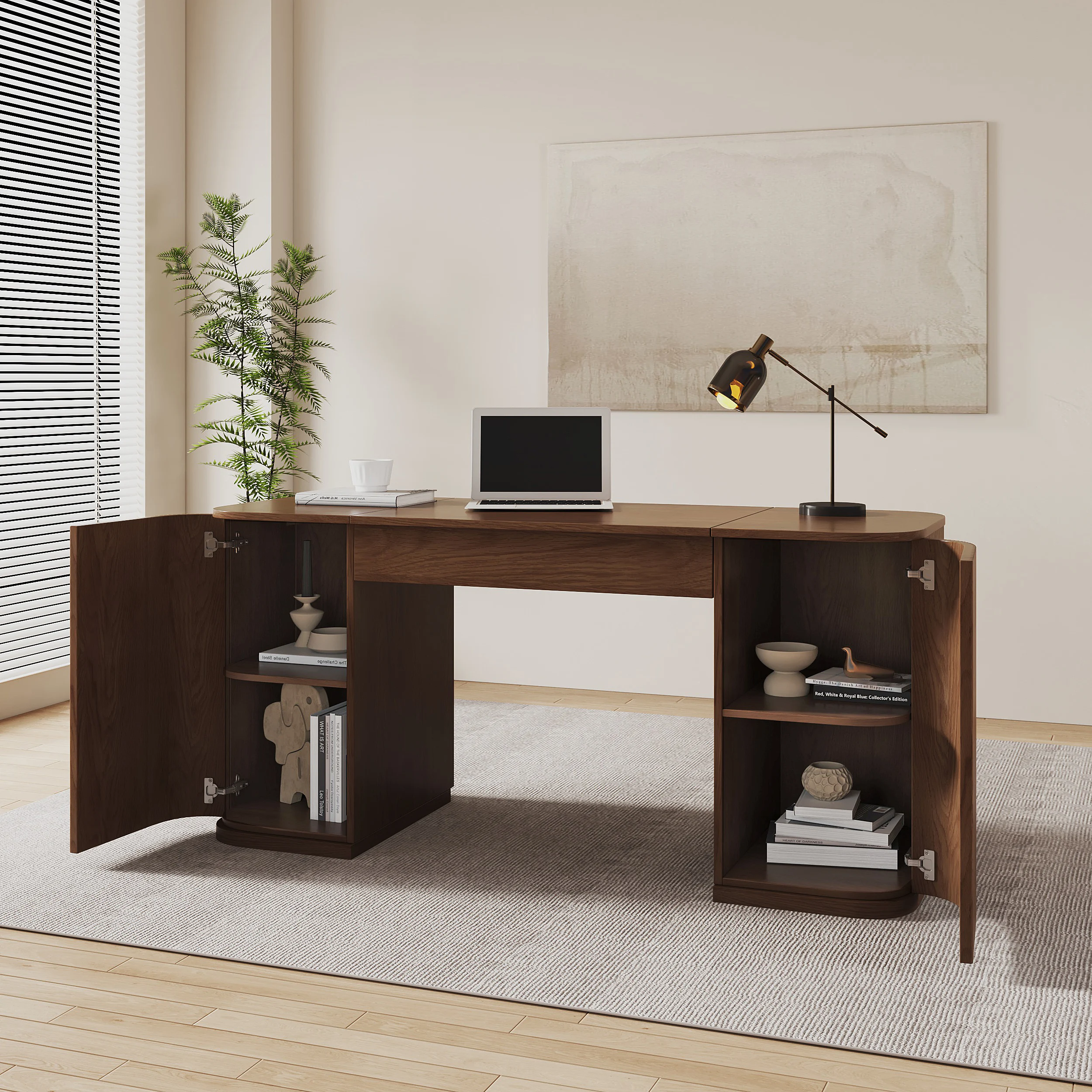 Walnut standing desk with lift-top design, fluted ash wood panels, two cabinet doors, and hidden storage shelves