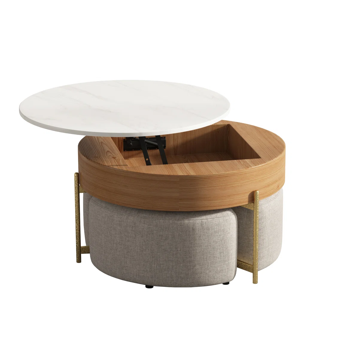 Elevate your living space with this contemporary round lift-top coffee table, featuring hidden storage, a scratch-resistant slate surface, and a chic gold X-leg frame. Designed for both style and function, it’s the perfect centerpiece for modern homes