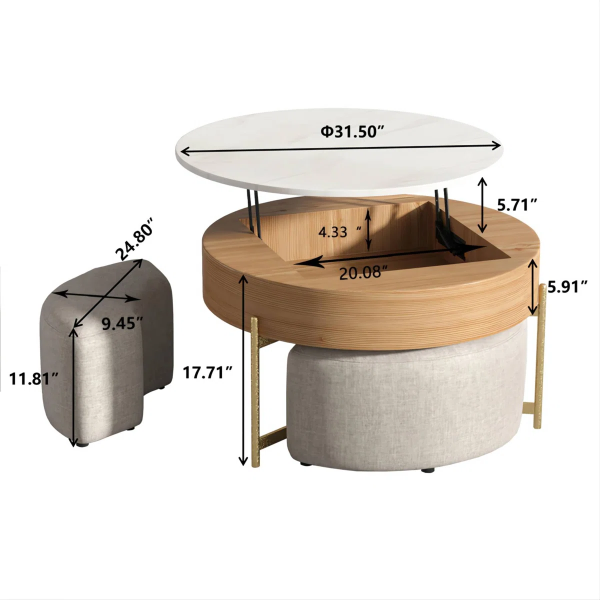 Elevate your living space with this contemporary round lift-top coffee table, featuring hidden storage, a scratch-resistant slate surface, and a chic gold X-leg frame. Designed for both style and function, it’s the perfect centerpiece for modern homes