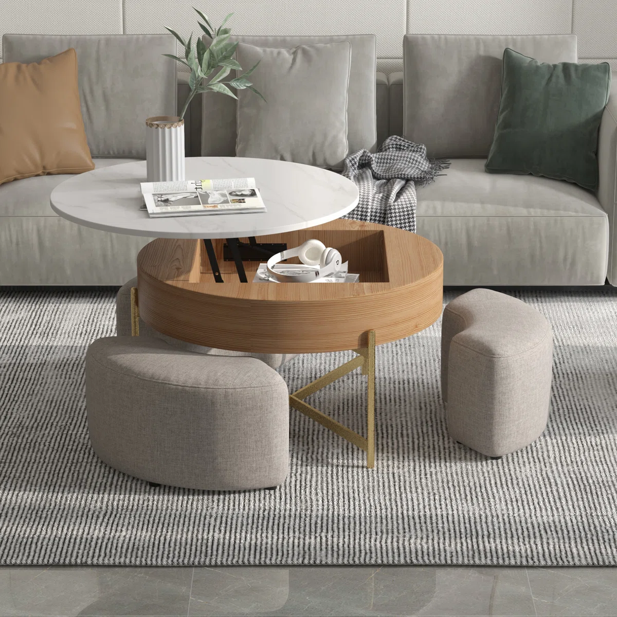Elevate your living space with this contemporary round lift-top coffee table, featuring hidden storage, a scratch-resistant slate surface, and a chic gold X-leg frame. Designed for both style and function, it’s the perfect centerpiece for modern homes