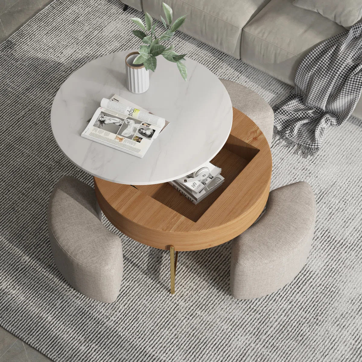 Elevate your living space with this contemporary round lift-top coffee table, featuring hidden storage, a scratch-resistant slate surface, and a chic gold X-leg frame. Designed for both style and function, it’s the perfect centerpiece for modern homes