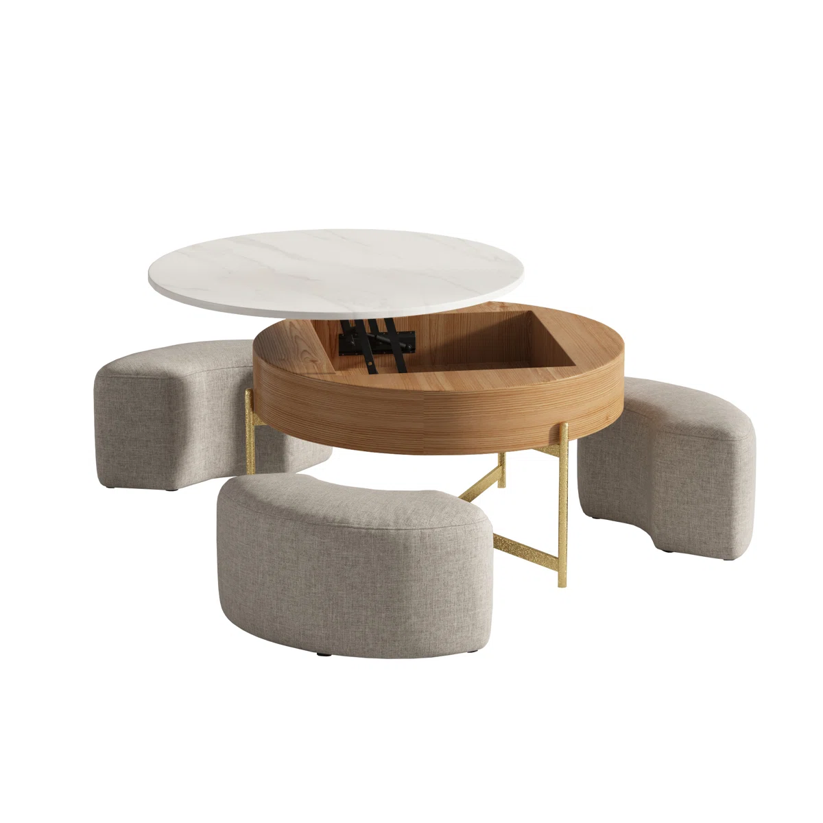 Elevate your living space with this contemporary round lift-top coffee table, featuring hidden storage, a scratch-resistant slate surface, and a chic gold X-leg frame. Designed for both style and function, it’s the perfect centerpiece for modern homes
