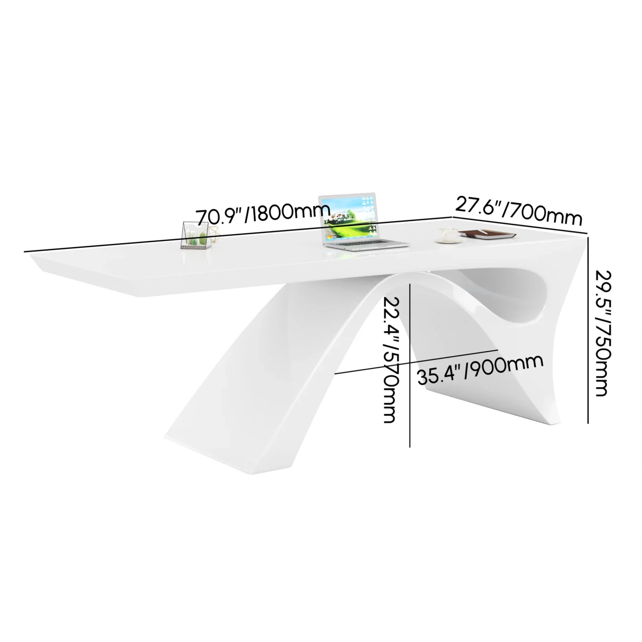 Modern 180cm rectangular white writing desk with arched trestle base, glossy stain-resistant finish, and curved edges for contemporary home office setups