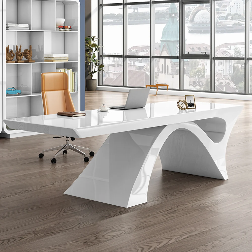 Modern 180cm rectangular white writing desk with arched trestle base, glossy stain-resistant finish, and curved edges for contemporary home office setups