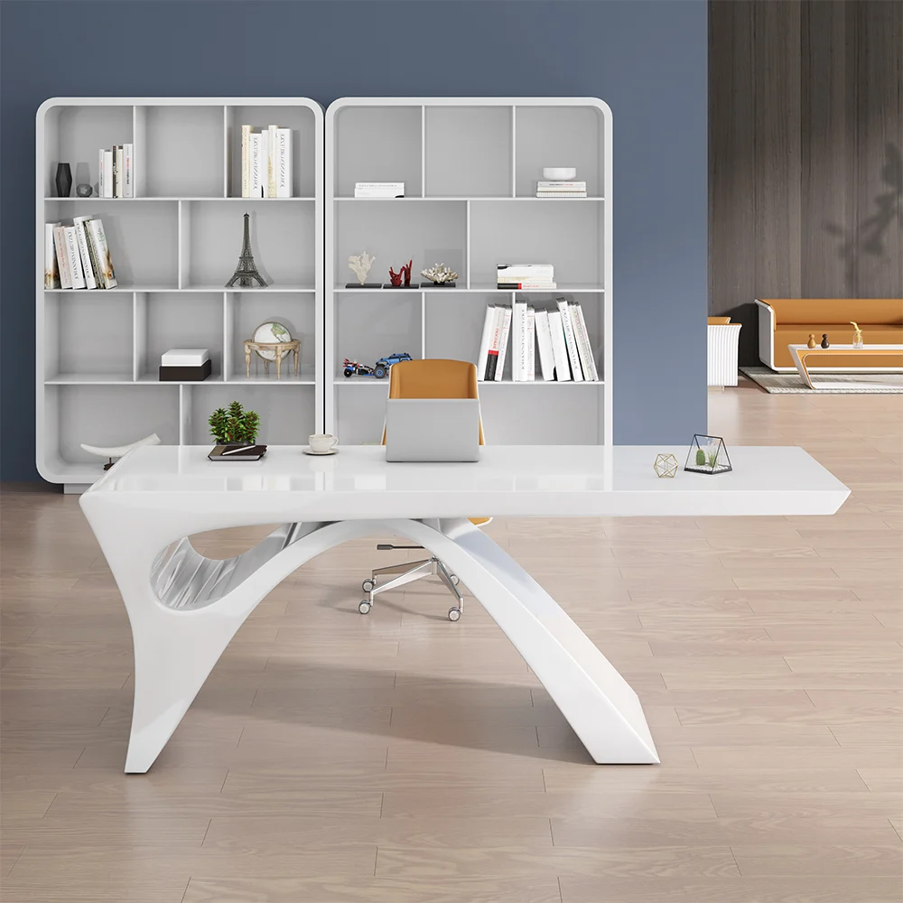 Modern 180cm rectangular white writing desk with arched trestle base, glossy stain-resistant finish, and curved edges for contemporary home office setups