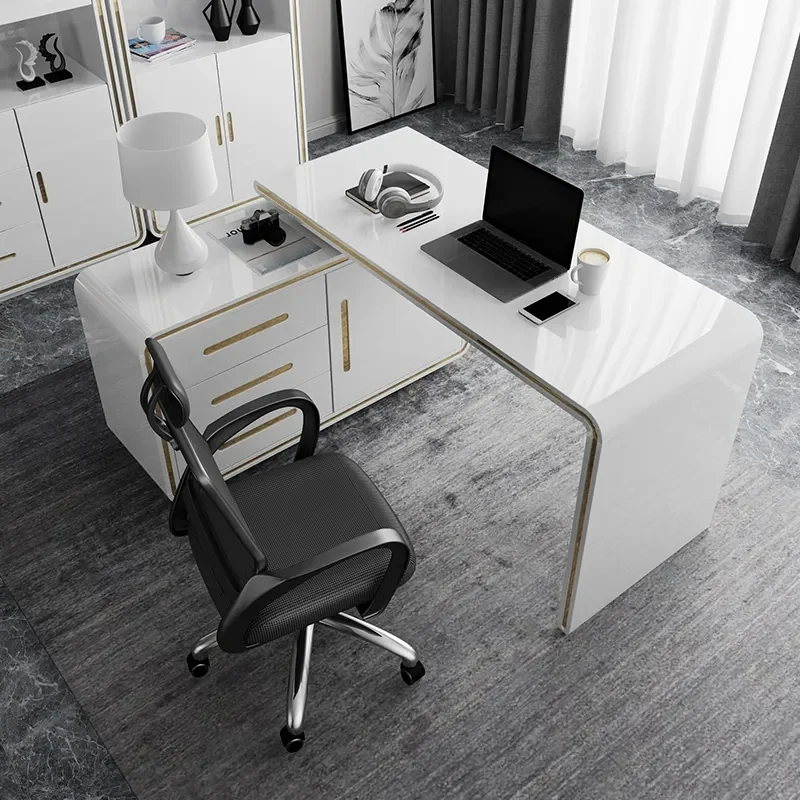 Modern 120 cm L-shaped rotating executive office desk in glossy white with gold accents, featuring 360° swivel design, three drawers, and two shelves for storage