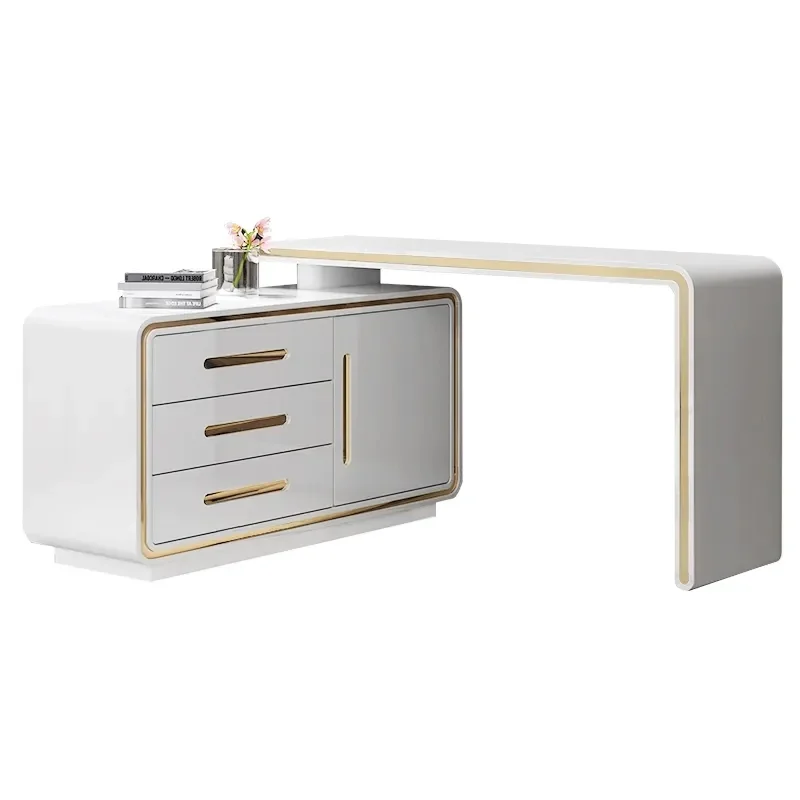Modern 120 cm L-shaped rotating executive office desk in glossy white with gold accents, featuring 360° swivel design, three drawers, and two shelves for storage