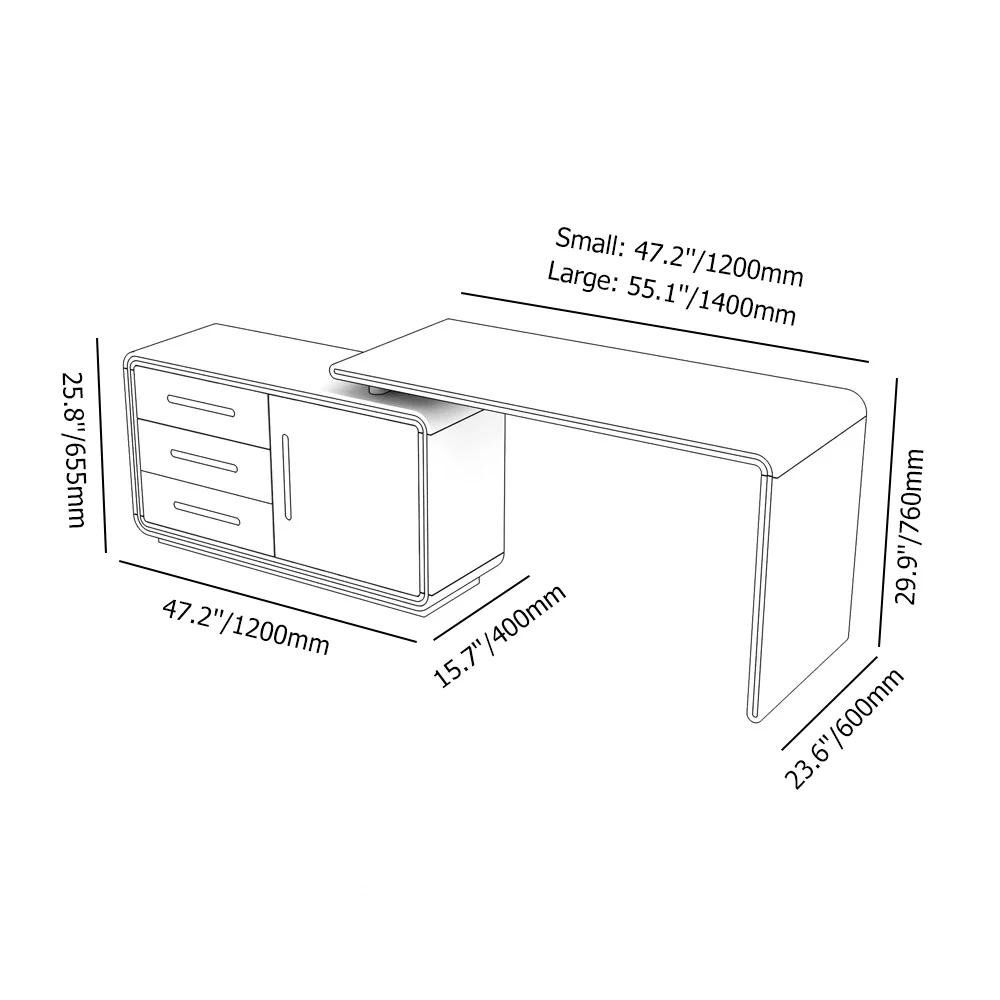 Modern 120 cm L-shaped rotating executive office desk in glossy white with gold accents, featuring 360° swivel design, three drawers, and two shelves for storage