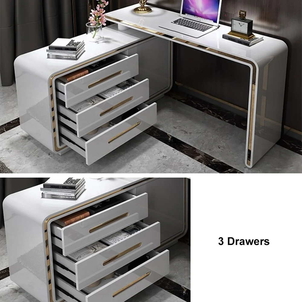 Modern 120 cm L-shaped rotating executive office desk in glossy white with gold accents, featuring 360° swivel design, three drawers, and two shelves for storage