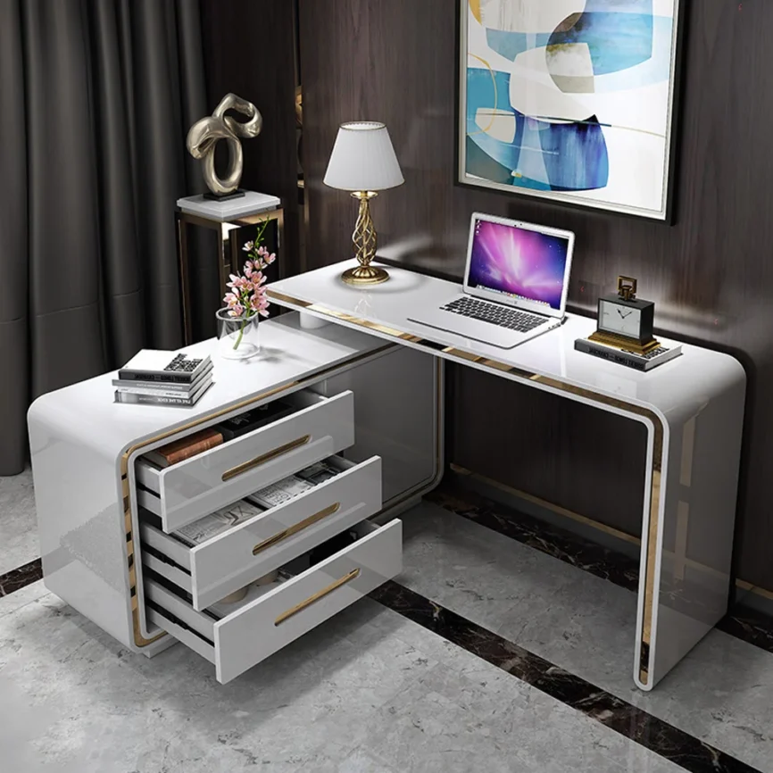 Modern 120 cm L-shaped rotating executive office desk in glossy white with gold accents, featuring 360° swivel design, three drawers, and two shelves for storage