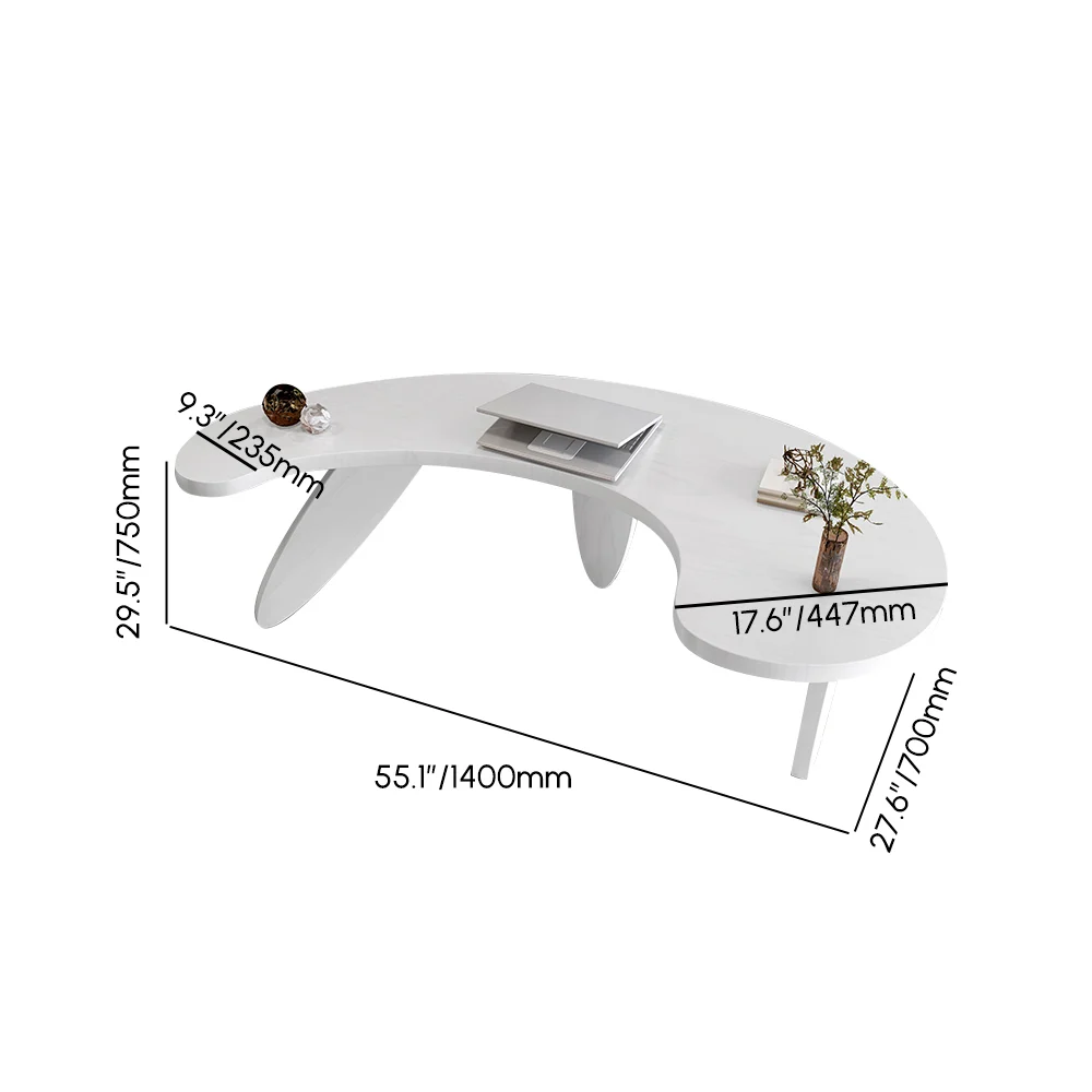 Modern curved white executive writing desk with three oval legs, engineered wood construction, and angled edges in a contemporary white finish.