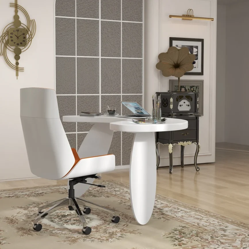 Modern curved white executive writing desk with three oval legs, engineered wood construction, and angled edges in a contemporary white finish.