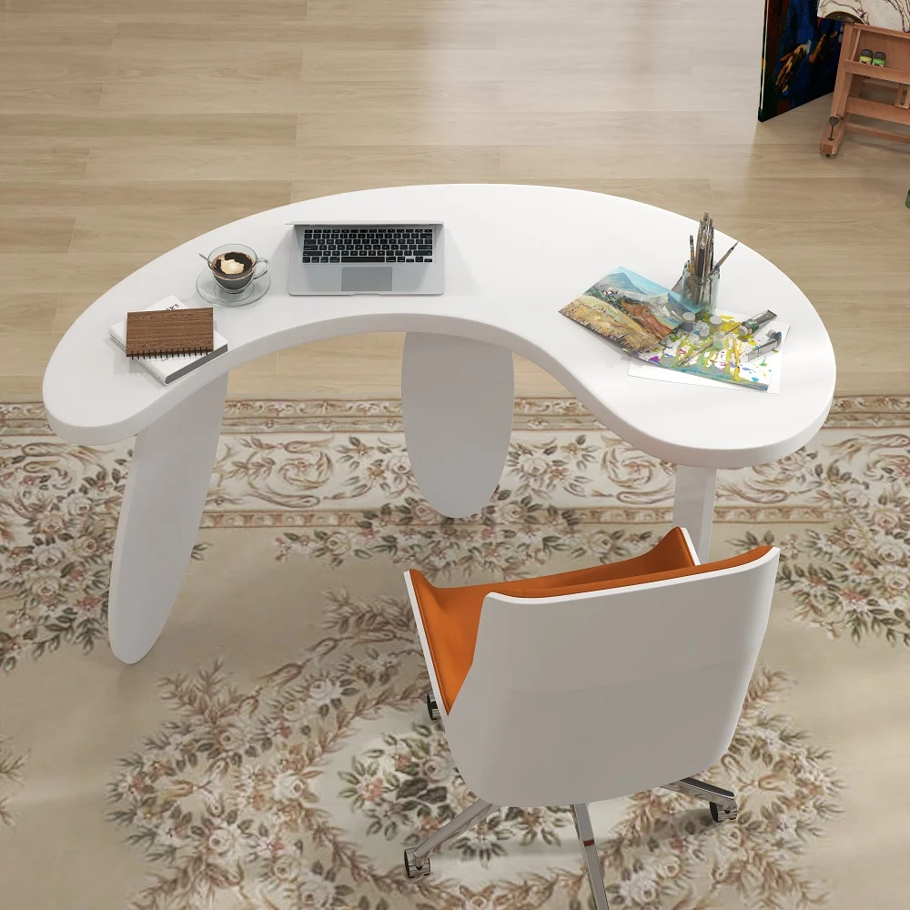 Modern curved white executive writing desk with three oval legs, engineered wood construction, and angled edges in a contemporary white finish.