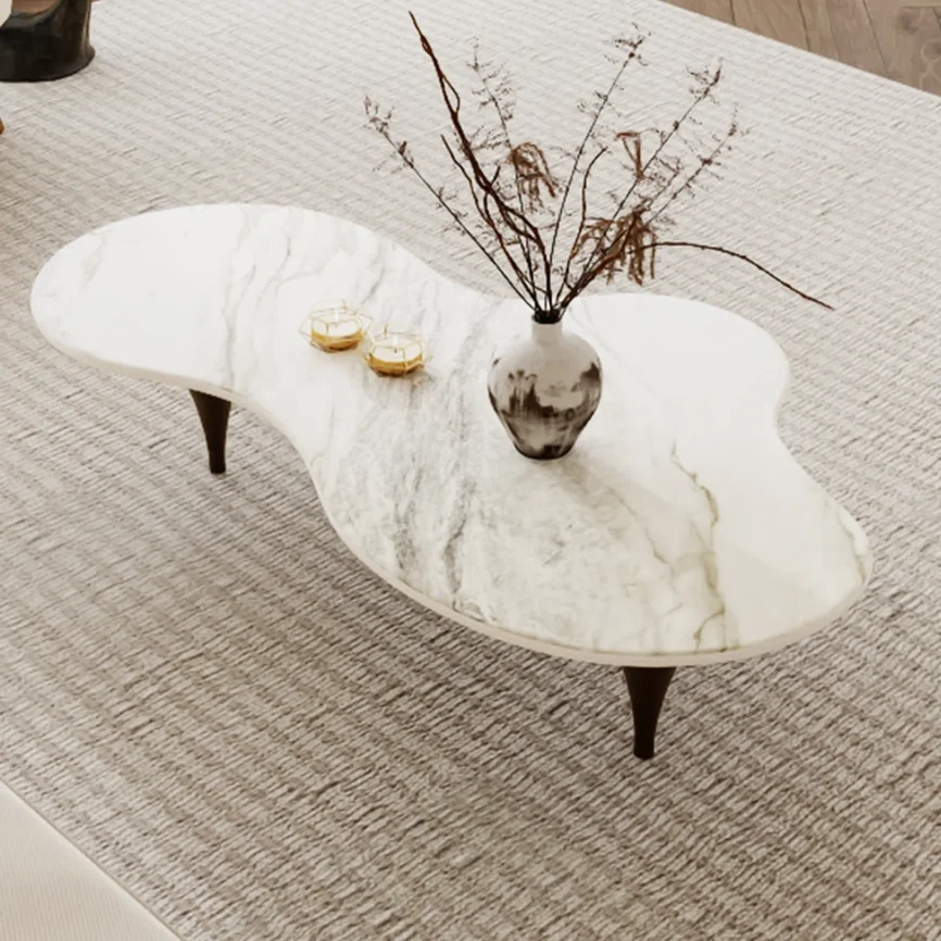 Aurora glossy sintered stone coffee table with free-form design, three carbon steel legs, wood-grain accents, 140 cm wide