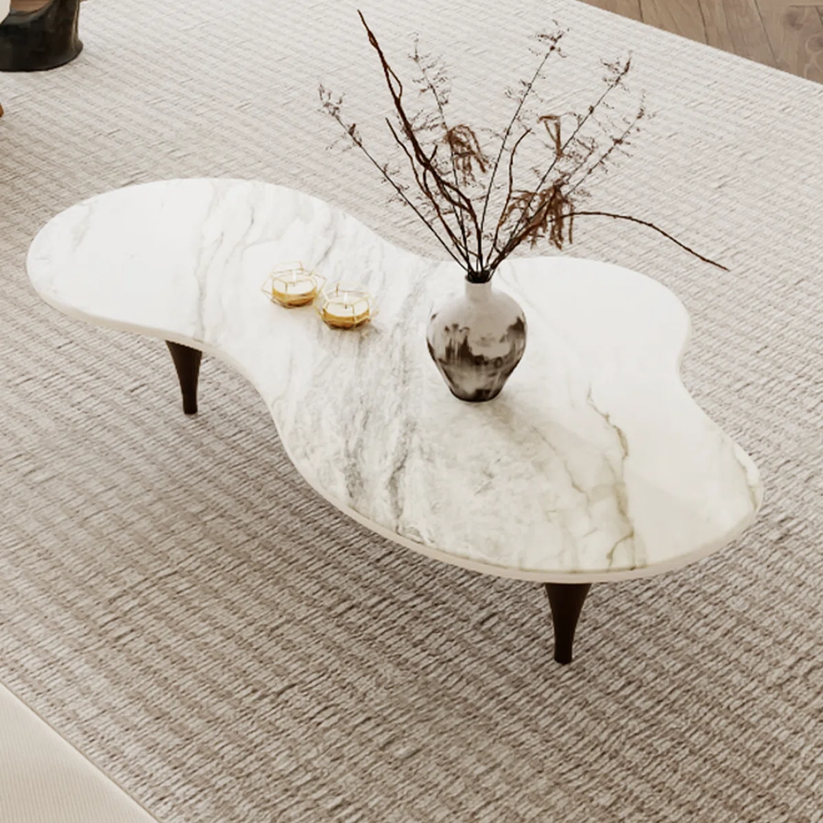 Aurora glossy sintered stone coffee table with free-form design, three carbon steel legs, wood-grain accents, 140 cm wide