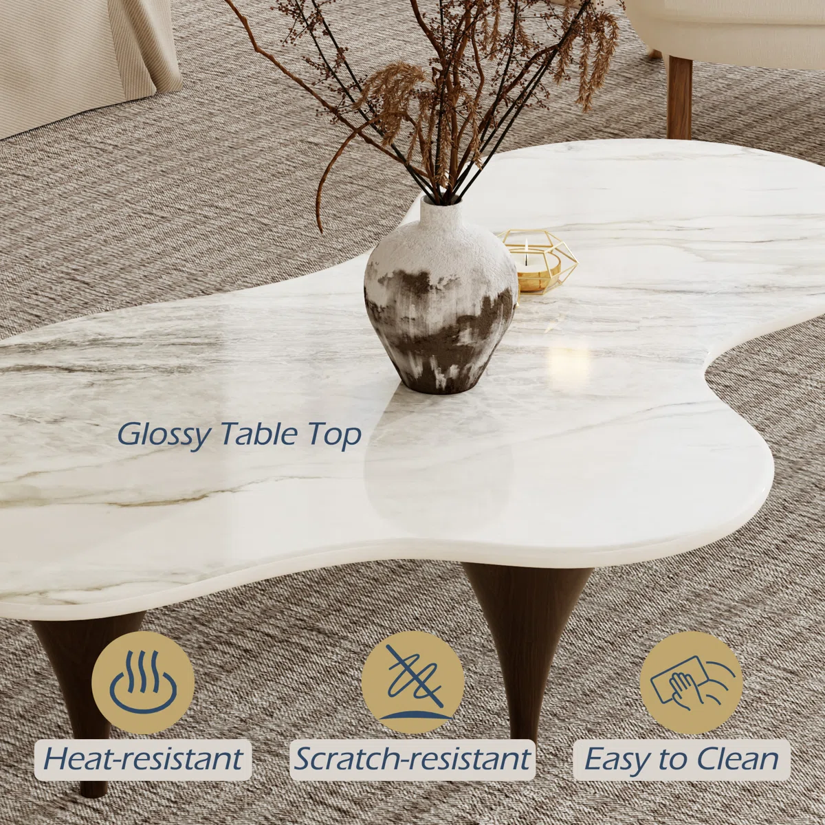 Aurora glossy sintered stone coffee table with free-form design, three carbon steel legs, wood-grain accents, 140 cm wide