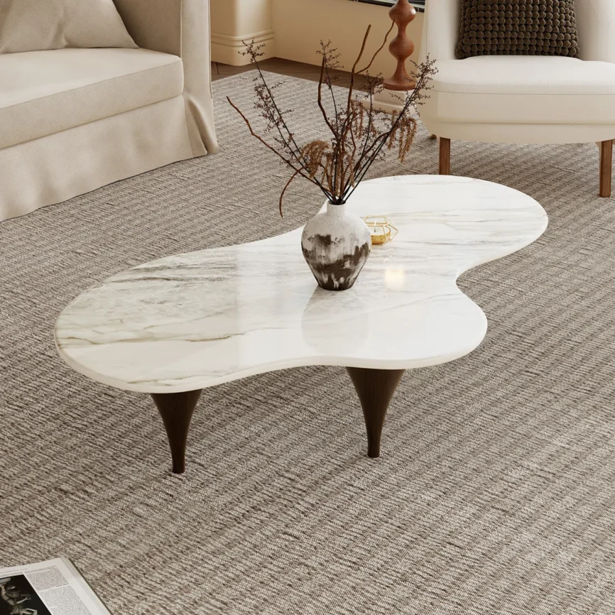 Aurora glossy sintered stone coffee table with free-form design, three carbon steel legs, wood-grain accents, 140 cm wide