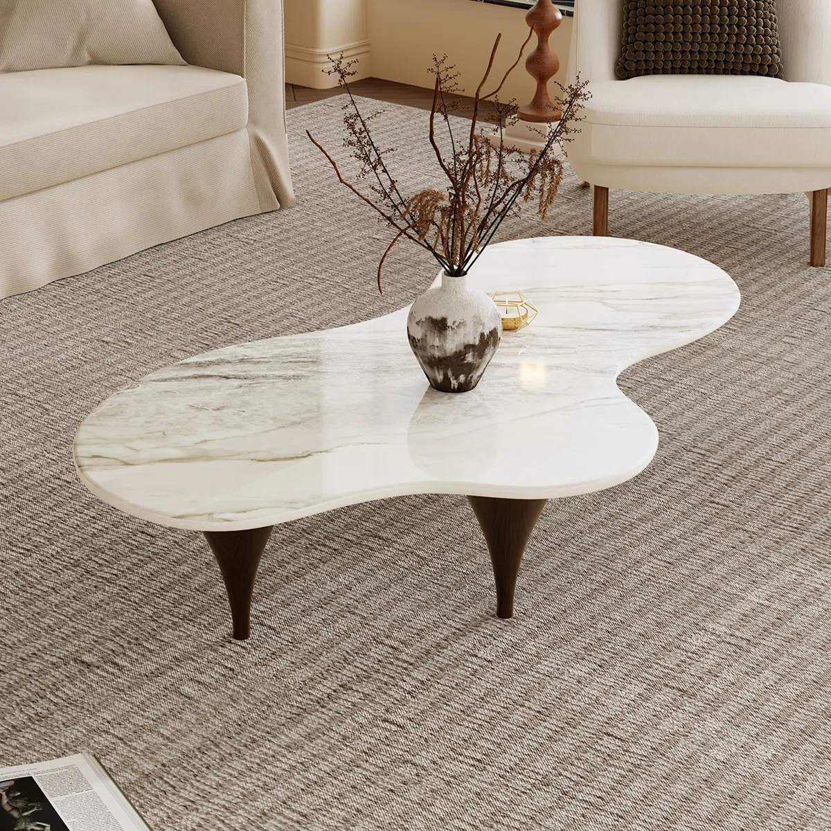 Aurora glossy sintered stone coffee table with free-form design, three carbon steel legs, wood-grain accents, 140 cm wide