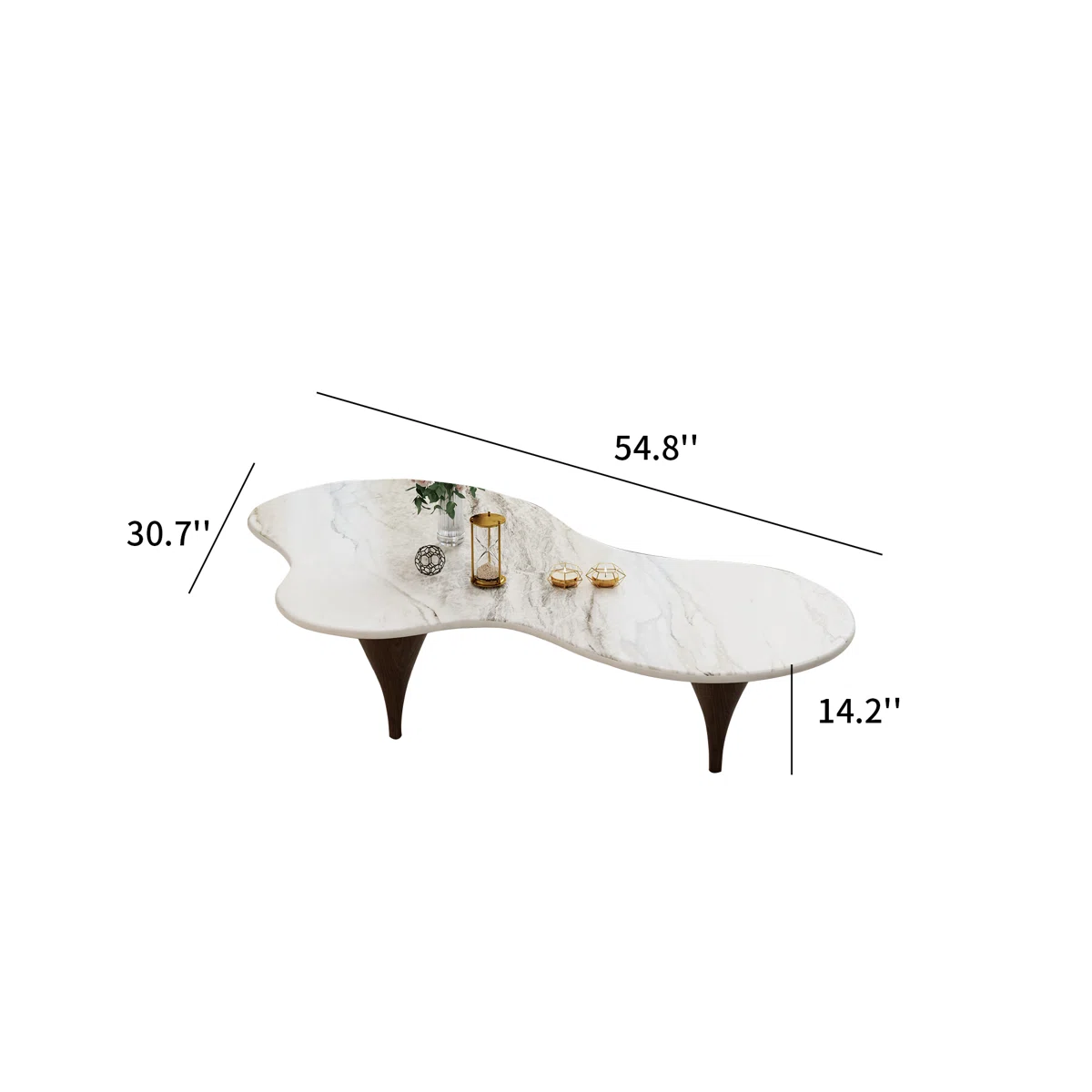 Aurora glossy sintered stone coffee table with free-form design, three carbon steel legs, wood-grain accents, 140 cm wide