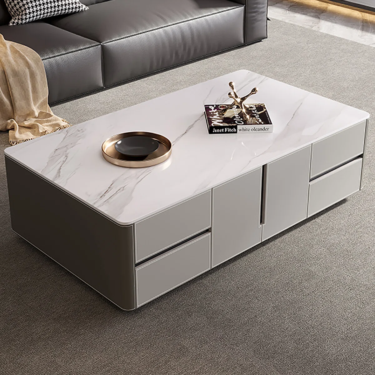 Rectangular coffee table with sintered stone top, solid wood cabinet wrapped in glossy leather, carbon steel base, rounded arc edges, and multiple storage drawers and cabinets.