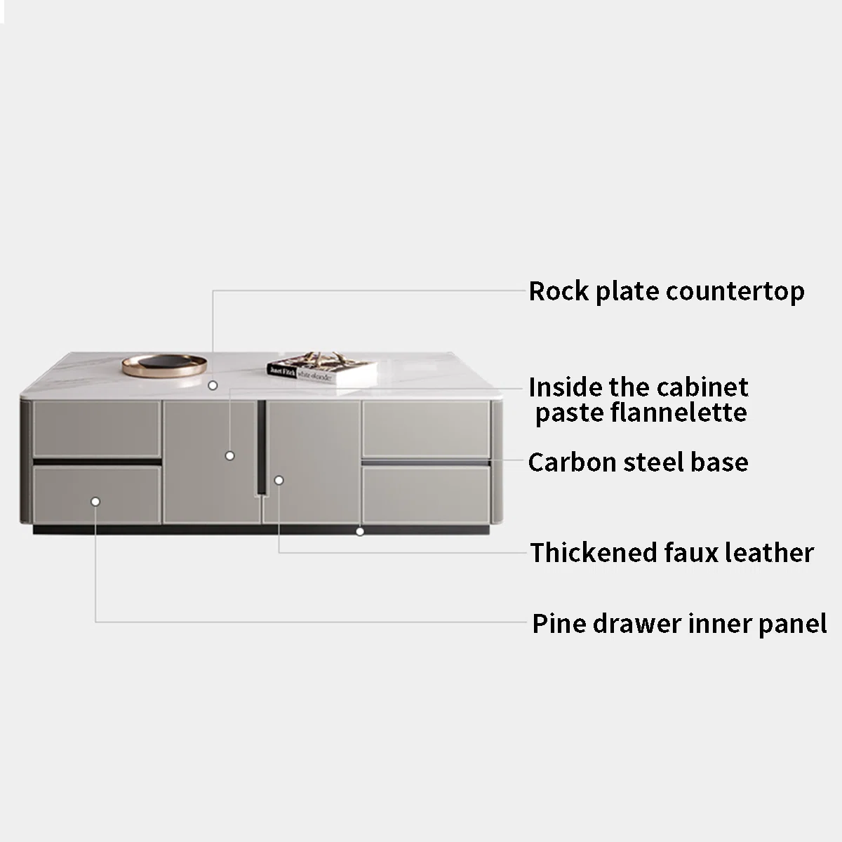 Rectangular coffee table with sintered stone top, solid wood cabinet wrapped in glossy leather, carbon steel base, rounded arc edges, and multiple storage drawers and cabinets.