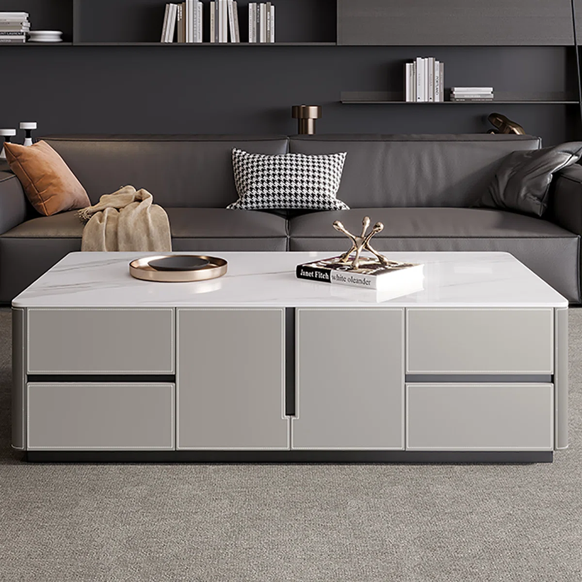 Rectangular coffee table with sintered stone top, solid wood cabinet wrapped in glossy leather, carbon steel base, rounded arc edges, and multiple storage drawers and cabinets.