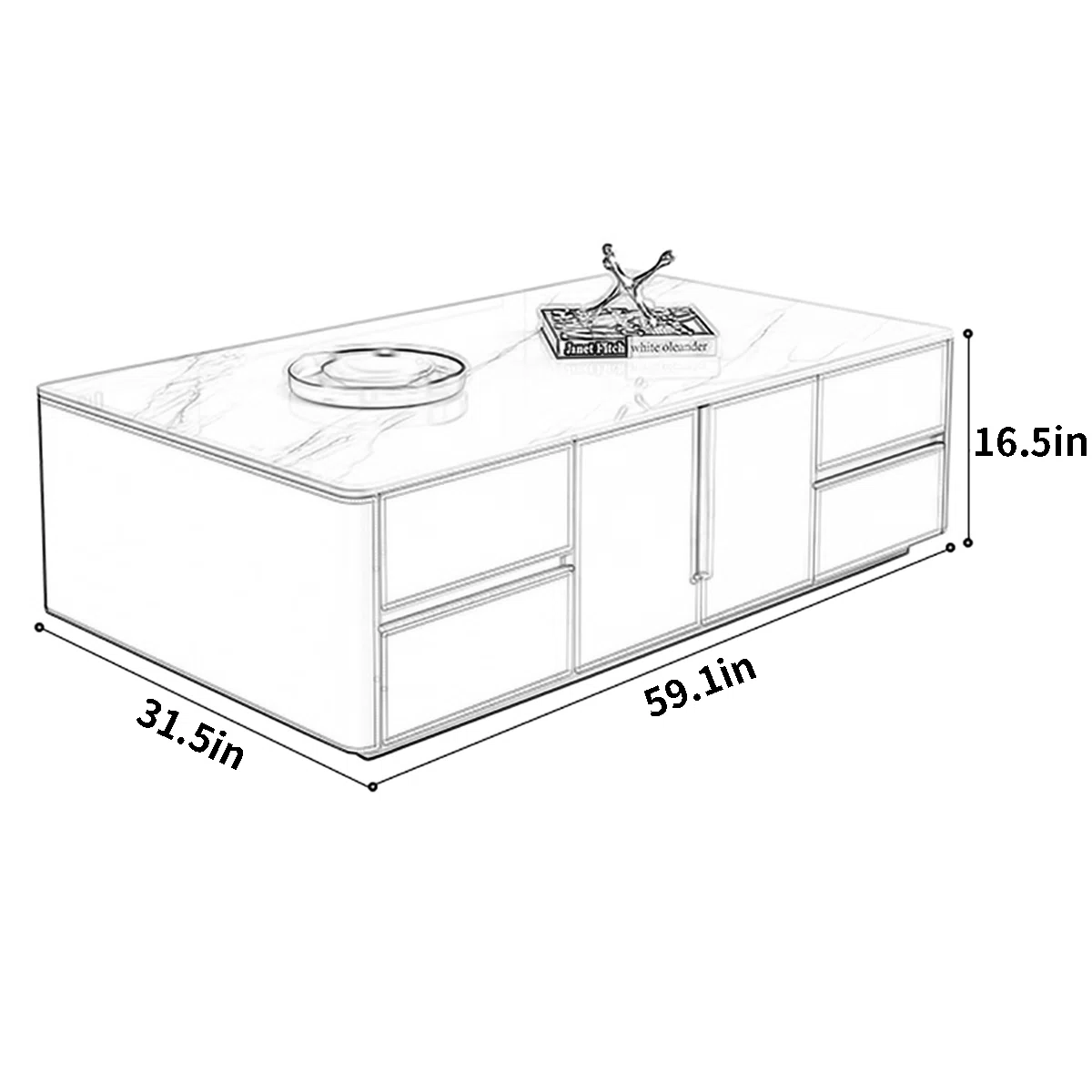 Rectangular coffee table with sintered stone top, solid wood cabinet wrapped in glossy leather, carbon steel base, rounded arc edges, and multiple storage drawers and cabinets.