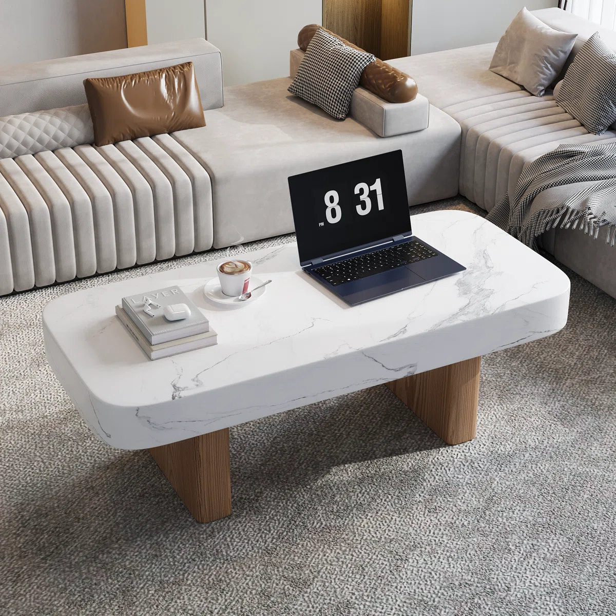 Aurora marble-wood coffee table with rectangular faux marble top, sled-style wooden base, and smooth rounded edges — modern minimalist living room furniture
