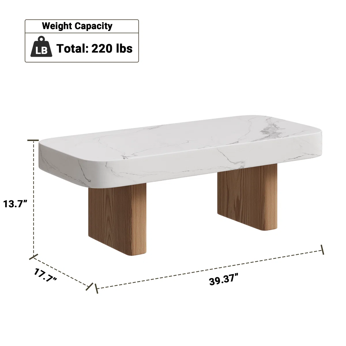 Aurora marble-wood coffee table with rectangular faux marble top, sled-style wooden base, and smooth rounded edges — modern minimalist living room furniture