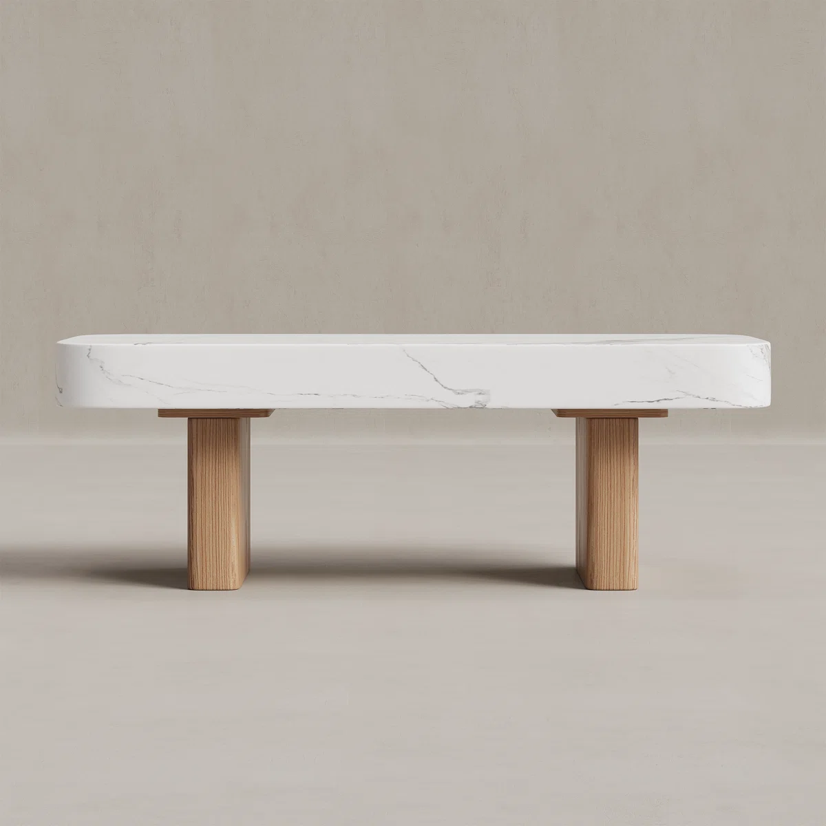 Aurora marble-wood coffee table with rectangular faux marble top, sled-style wooden base, and smooth rounded edges — modern minimalist living room furniture