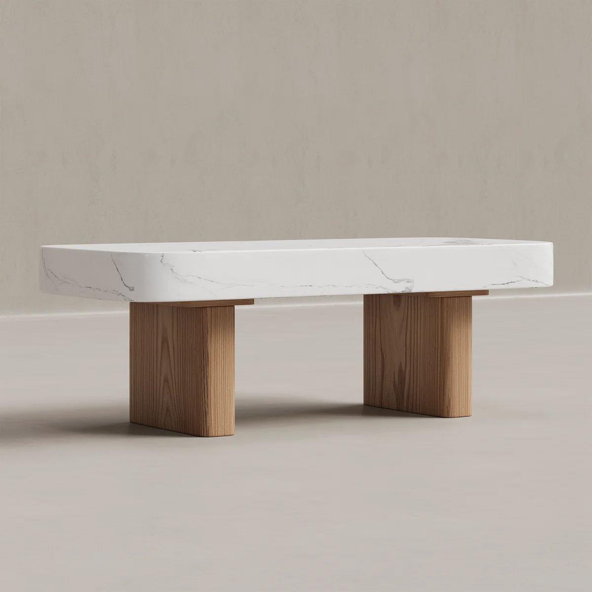 Aurora marble-wood coffee table with rectangular faux marble top, sled-style wooden base, and smooth rounded edges — modern minimalist living room furniture