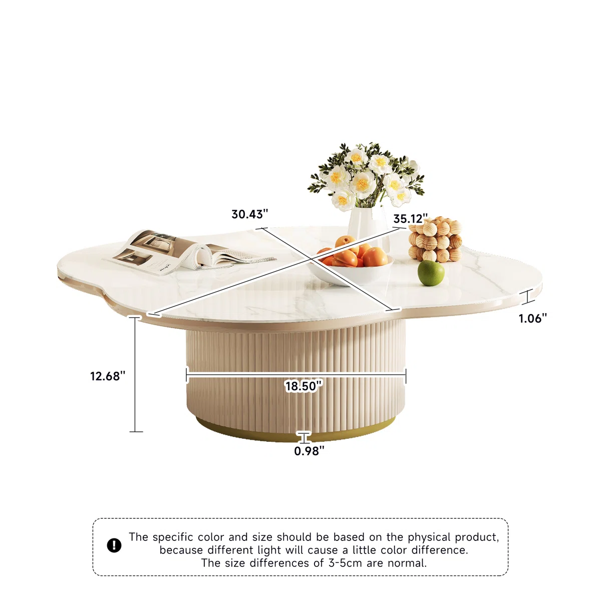 Petal-shaped white sintered stone coffee table with frosted vertical bar piano-painted base, compact height, and modern design