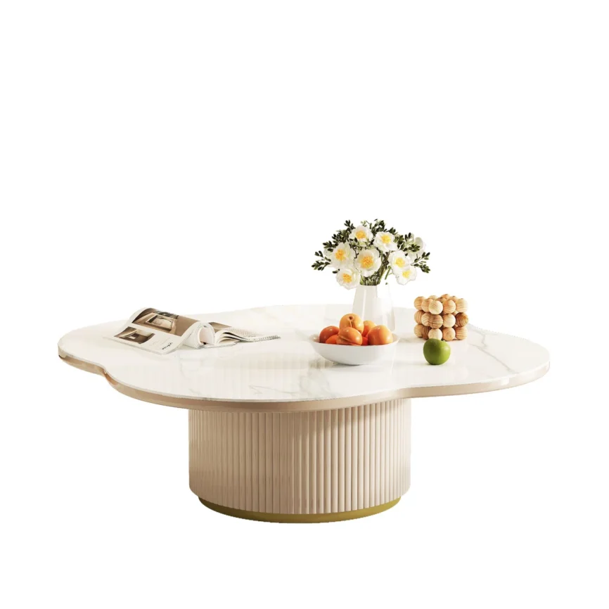 Petal-shaped white sintered stone coffee table with frosted vertical bar piano-painted base, compact height, and modern design