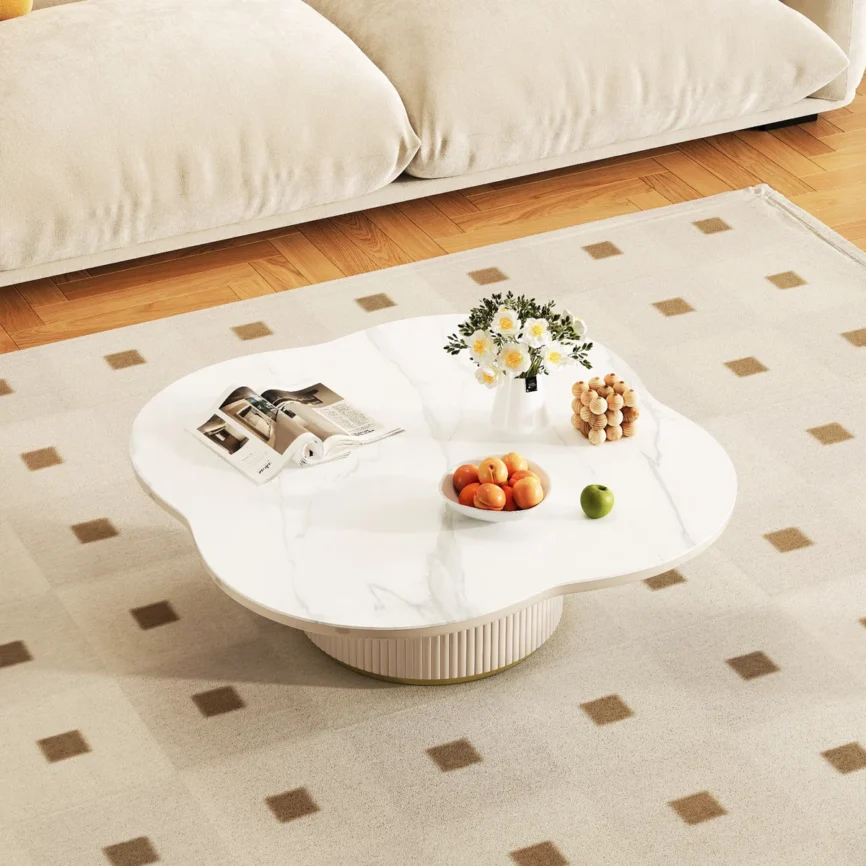 Petal-shaped white sintered stone coffee table with frosted vertical bar piano-painted base, compact height, and modern design