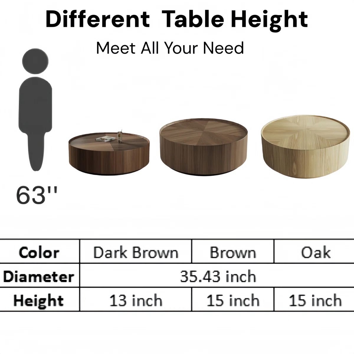 Round dark brown wood coffee table with two storage drawers, carbon steel drum base, and curved edge design for safety.