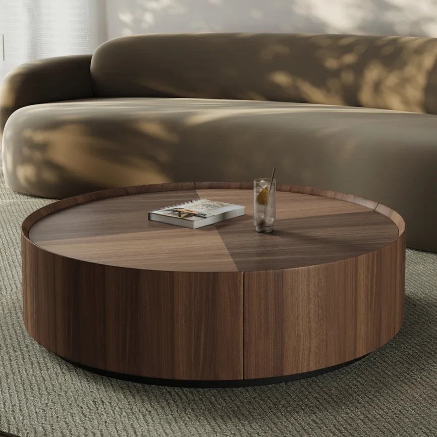 Round dark brown wood coffee table with two storage drawers, carbon steel drum base, and curved edge design for safety.