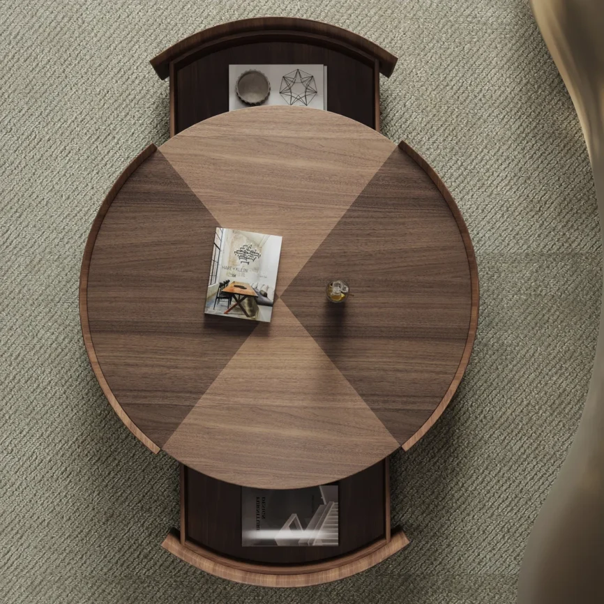 Round dark brown wood coffee table with two storage drawers, carbon steel drum base, and curved edge design for safety.
