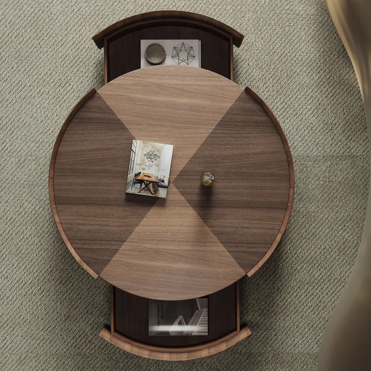 Round dark brown wood coffee table with two storage drawers, carbon steel drum base, and curved edge design for safety.