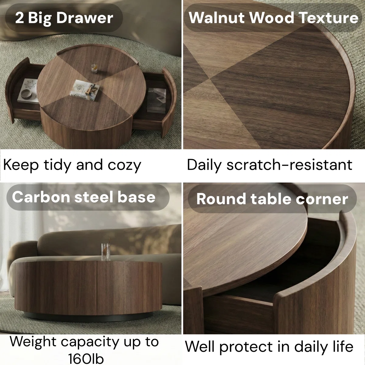 Round dark brown wood coffee table with two storage drawers, carbon steel drum base, and curved edge design for safety.