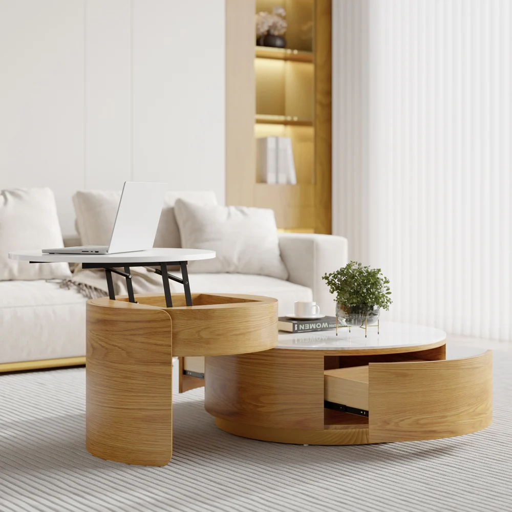 The Aurora Round Lift-Top Coffee Table is a modern statement piece designed for both style and function.