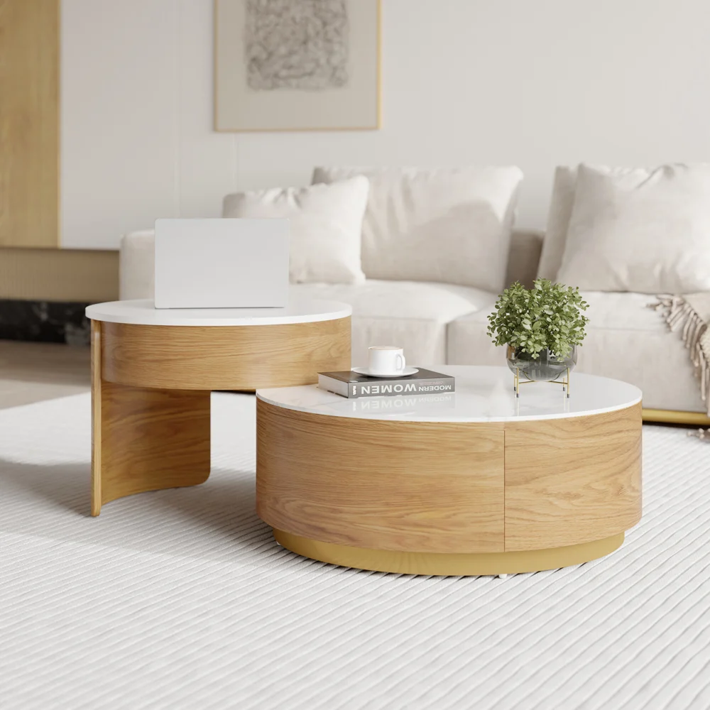 The Aurora Round Lift-Top Coffee Table is a modern statement piece designed for both style and function.