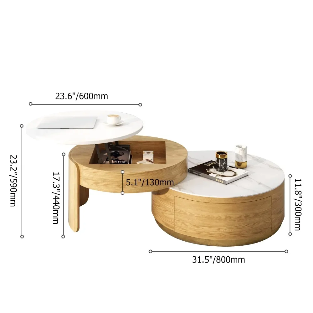 The Aurora Round Lift-Top Coffee Table is a modern statement piece designed for both style and function.