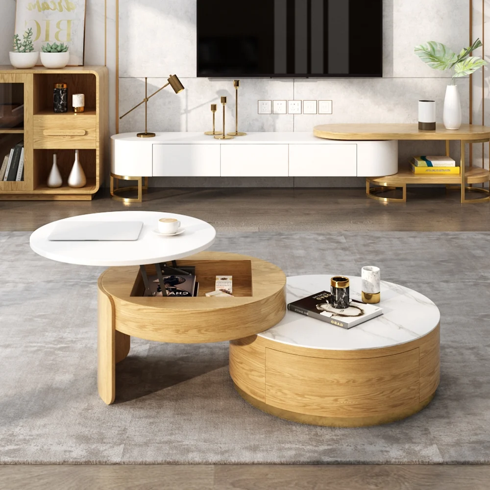 Modern round lift-top coffee table with white glass top, natural drum base, two drawers, and hidden storage compartments