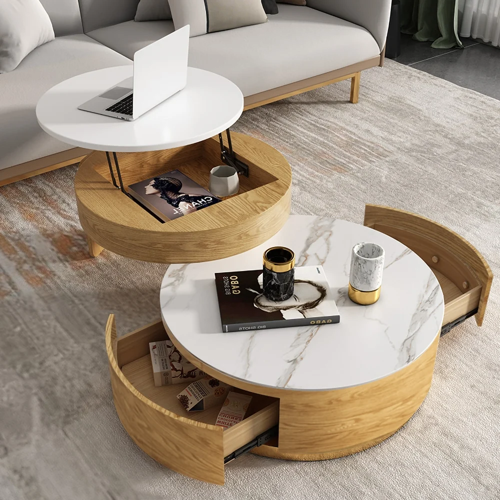 The Aurora Round Lift-Top Coffee Table is a modern statement piece designed for both style and function.