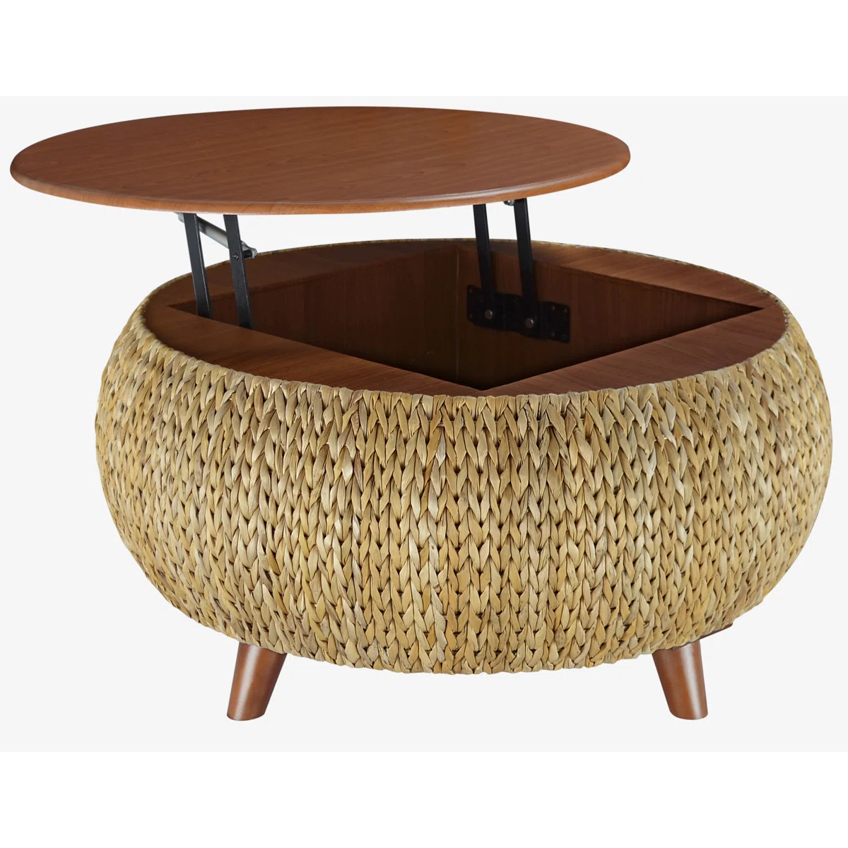 Round lift-top coffee table with solid wood top and woven wicker base, featuring hidden storage and four slanted legs.