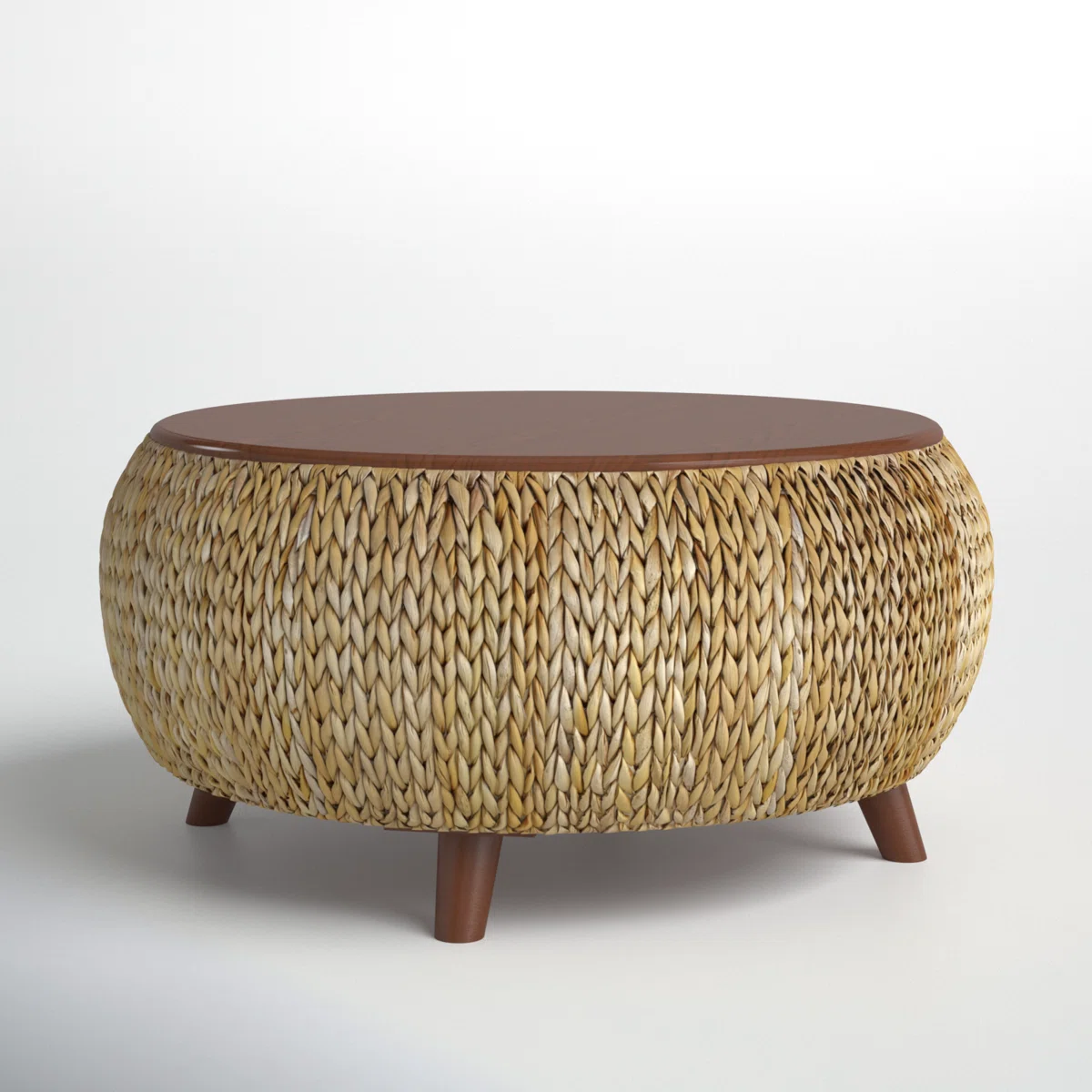 Round lift-top coffee table with solid wood top and woven wicker base, featuring hidden storage and four slanted legs.